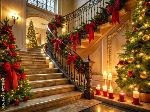 A festive holiday hallway features a stairway adorned with garlands of evergreen, holly, and crimson ribbons,