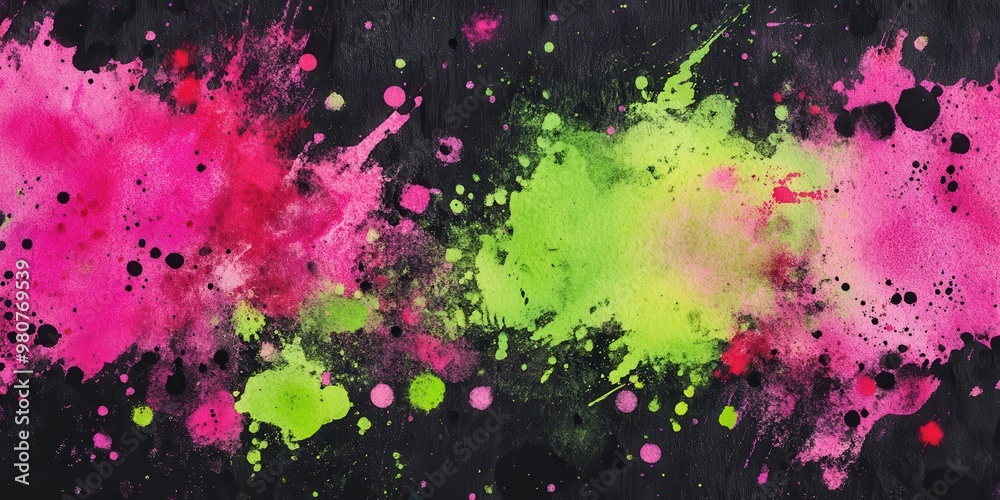 A vibrant splash of pink and green paint on a black background, creating an abstract design. A vibrant splash of pink and green paint on a black background, creating an abstract design.