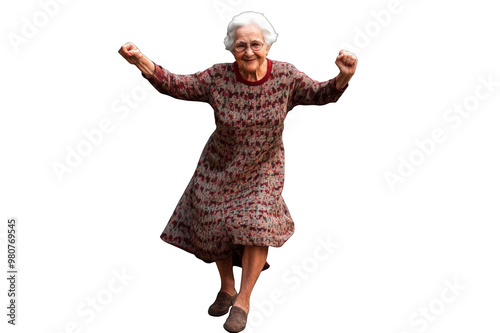 Happy dancing old woman in dress on transparent background
