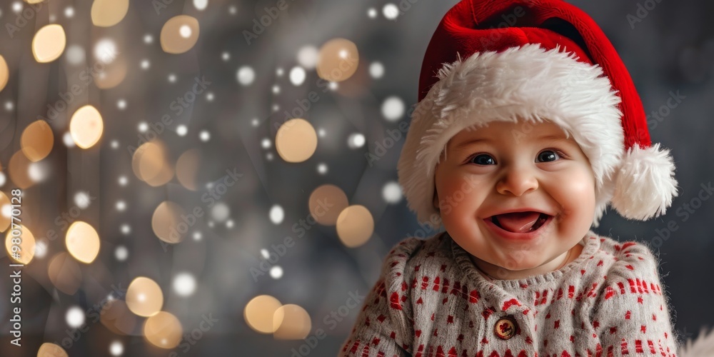 Immerse yourself in the holiday spirit with a charming photo of a baby in a Santa hat exuding warmth and happiness. Embrace the festive traditions and magic of the season, filled with joy and cheer Immerse yourself in the holiday spirit with a charming photo of a baby in a Santa hat exuding warmth and happiness. Embrace the festive traditions and magic of the season, filled with joy and cheer