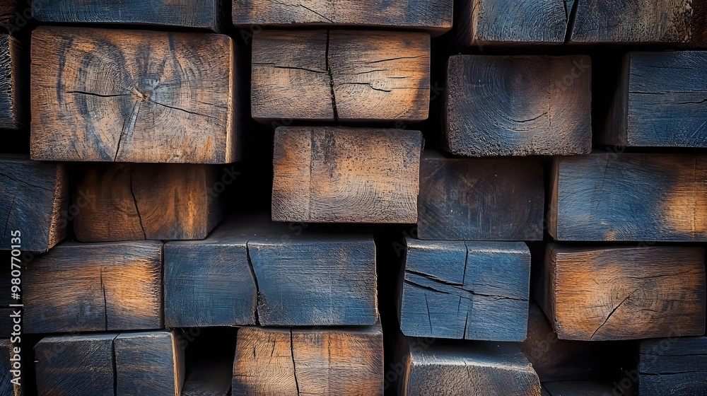 Stack of reclaimed timber beams with marks of time and use.