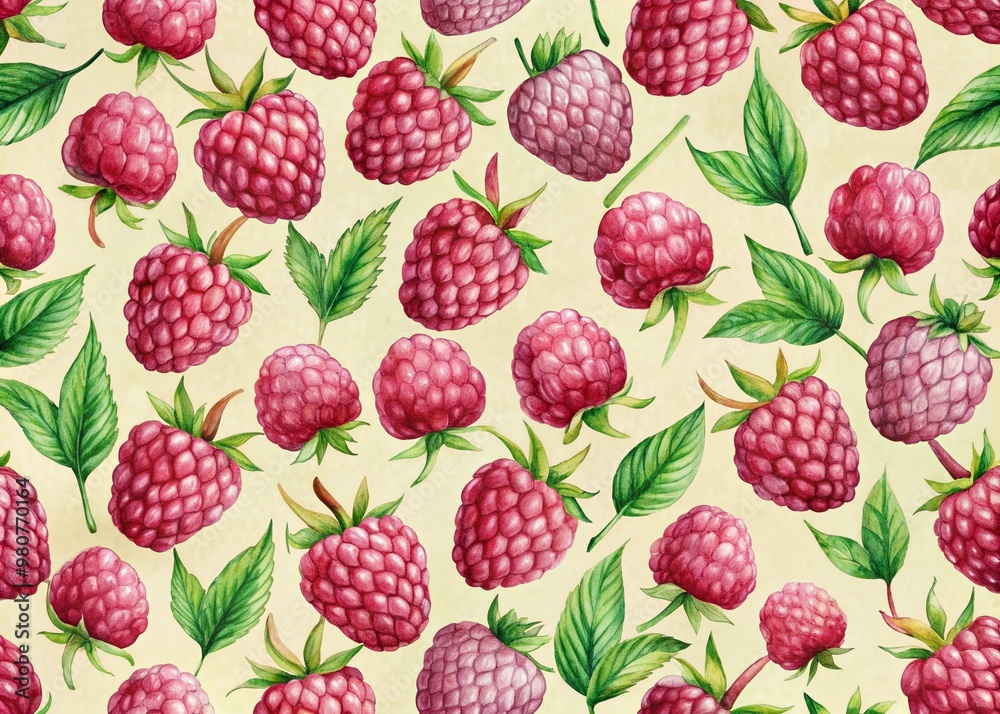 Vibrant watercolor raspberries in soft pink and green hues create a whimsical seamless pattern on a creamy white background, perfect for summer designs. Vibrant watercolor raspberries in soft pink and green hues create a whimsical seamless pattern on a creamy white background, perfect for summer designs.