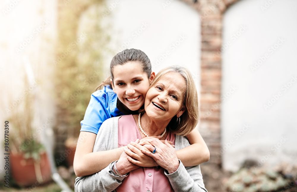 Support, hug and portrait with nurse and old woman in garden for caregiver, occupational therapy and patient. Helping others, volunteer and healthcare with people in retirement home for medicine Support, hug and portrait with nurse and old woman in garden for caregiver, occupational therapy and patient. Helping others, volunteer and healthcare with people in retirement home for medicine