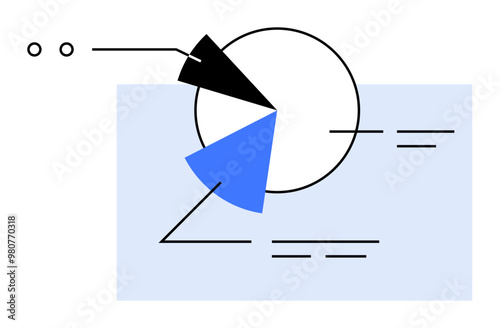 Simplistic vector art showing a pie chart with segments in black and blue, geometric lines, and text-like symbols on a white and blue background. Ideal for data visualization, business reports, financ