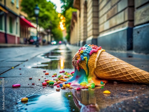 Colorful drips of melting ice cream flow down a abandoned cone on a warm sidewalk, surrounded by a few scattered sprinkles and a forgotten napkin. photo