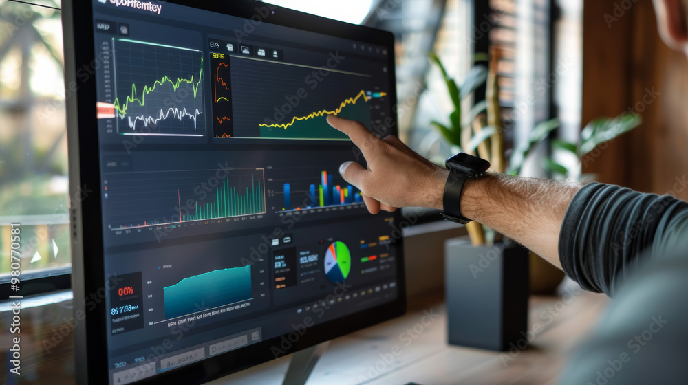 A close up of computer screen displaying real time data analytics and graphs, with person pointing at information. scene conveys sense of focus and engagement. A close up of computer screen displaying real time data analytics and graphs, with person pointing at information. scene conveys sense of focus and engagement.