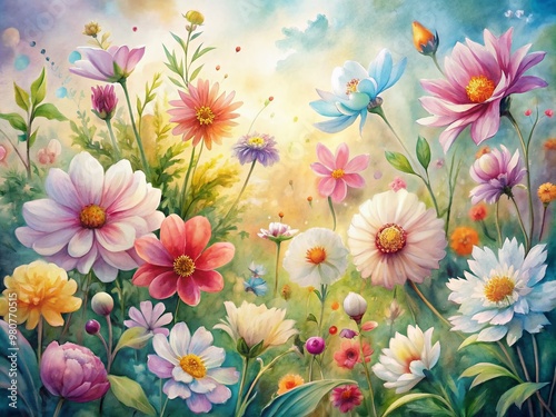 Vibrant watercolor illustration of blooming flowers, delicately arranged to showcase the transitional beauty of spring and summer, with soft petals and gentle hues.