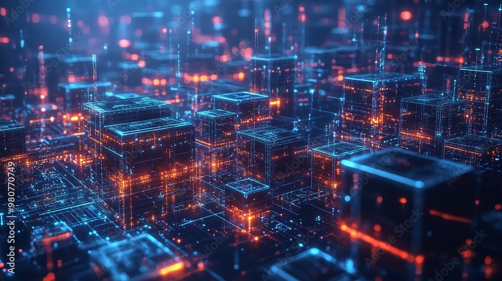 Fototapeta premium Abstract background with light trails on a dark blue and orange glowing futuristic city.