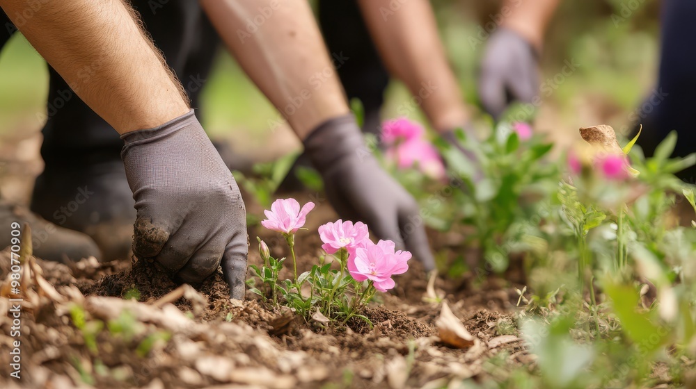 Survivors Engaging in Community Gardening for a Brighter Future with Hopeful Vibes and Vibrant Pink Flowers Survivors Engaging in Community Gardening for a Brighter Future with Hopeful Vibes and Vibrant Pink Flowers