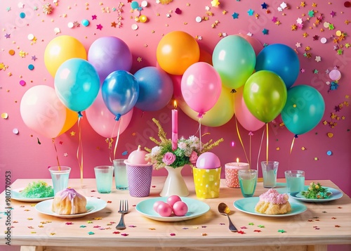 Vibrant pastel pink table setting adorned with colorful balloons, confetti, and decorative elements, creating a festive and playful ambiance for a birthday celebration. photo