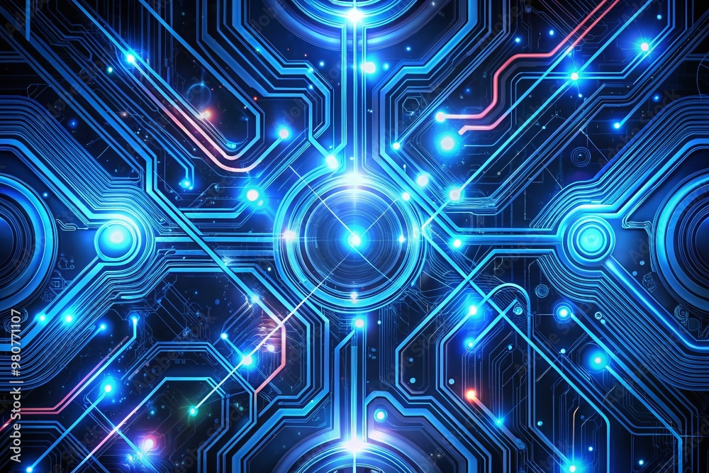A futuristic abstract digital pattern of swirling blue circuits and neon lines converges on a dark background, creating A futuristic abstract digital pattern of swirling blue circuits and neon lines converges on a dark background, creating