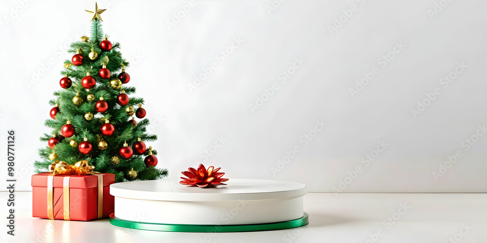 Flat Vector Illustration of a Podium with a Decorated Christmas Tree and Wrapped Present, Featuring Clear Copy Space for Holiday Ads and Ecommerce Gift Promotions Flat Vector Illustration of a Podium with a Decorated Christmas Tree and Wrapped Present, Featuring Clear Copy Space for Holiday Ads and Ecommerce Gift Promotions