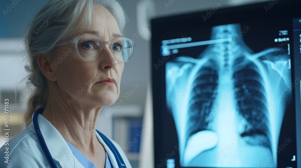 A focused female doctor analyzing an X-ray of a patient's lungs in a modern medical facility. A focused female doctor analyzing an X-ray of a patient's lungs in a modern medical facility.