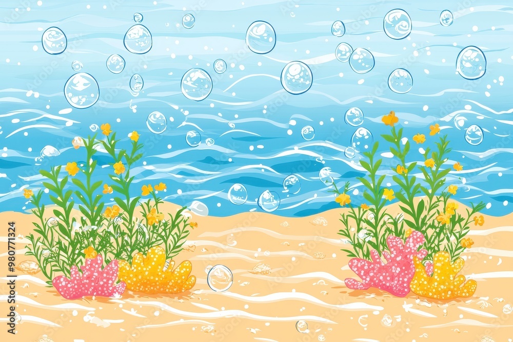 Vibrant underwater seascape with colorful marine plants, bubbles, and sunlight Vibrant underwater seascape with colorful marine plants, bubbles, and sunlight
