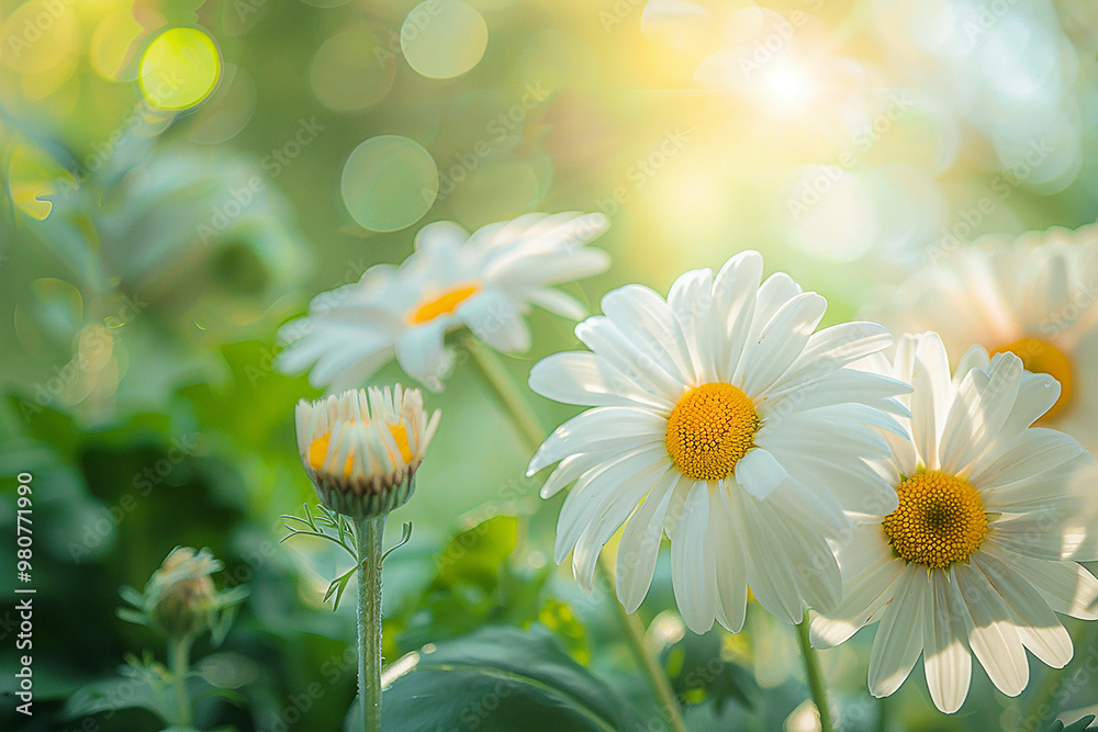 A closeup of daisies blooming in the meadow, with blurred background and sunlight filtering through the leaves A closeup of daisies blooming in the meadow, with blurred background and sunlight filtering through the leaves