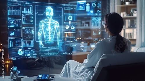 Female doctor examining a digital hologram of a human body on a screen.