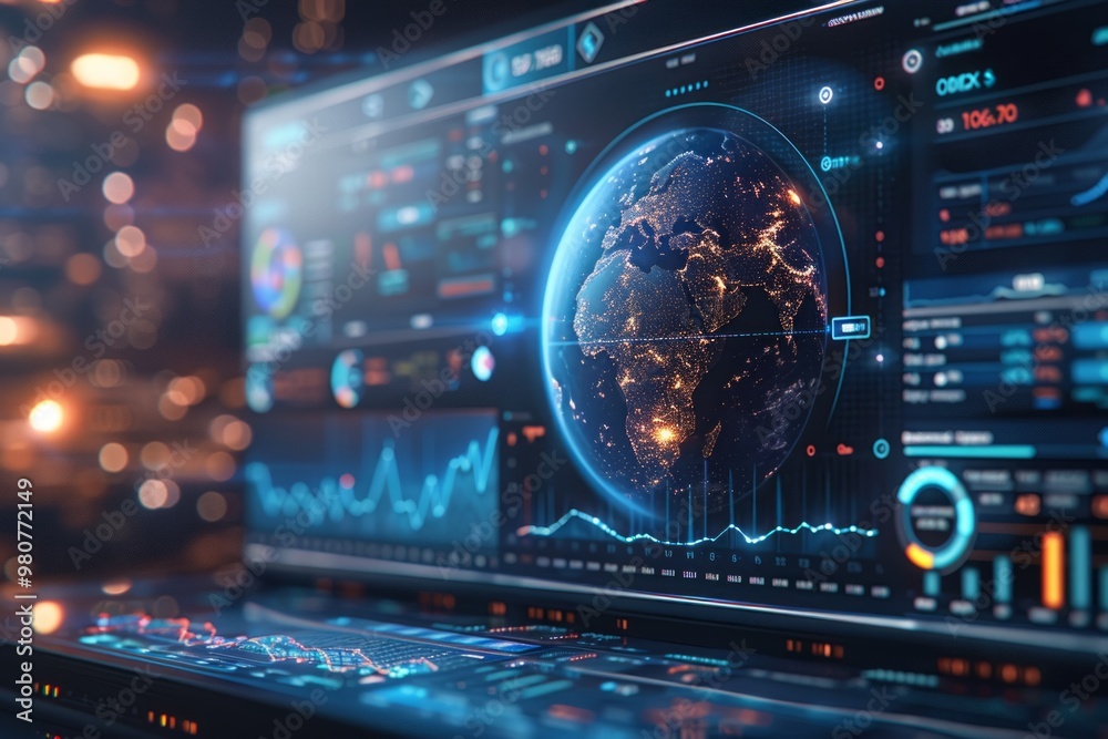Obraz premium Advanced data visualization on a futuristic interface showcasing a glowing Earth and dynamic analytics in a tech-focused setting