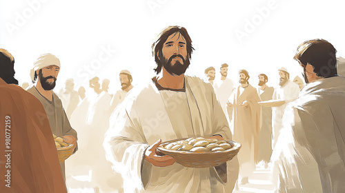 illustration of the biblical event where Jesus fed 5000 people with loaves and fish, showcasing His miracle photo