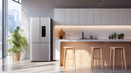 A minimalist kitchen with a smart fridge and touchless technology, in a Scandinavian style