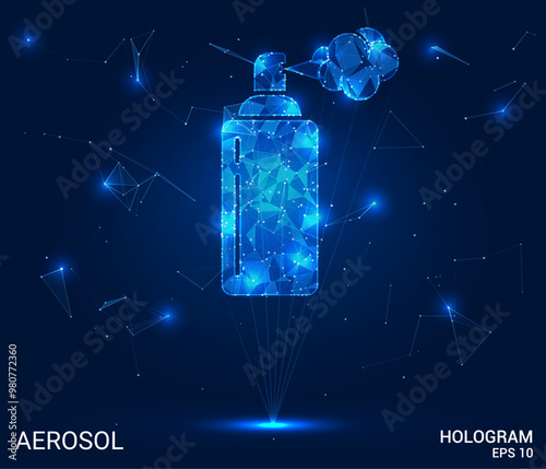 Hologram aerosol. Aerosol made of polygons, triangles, dots, and lines. Low-poly aerosol structure of connections. Technology concept vector.