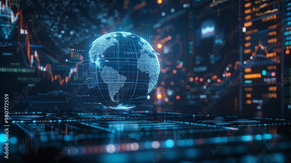 A digital representation of the Earth surrounded by data visuals and graphs in a futuristic financial setting at night A digital representation of the Earth surrounded by data visuals and graphs in a futuristic financial setting at night