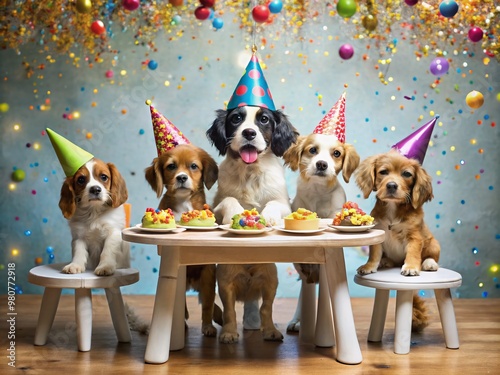 A goofy group of puppies sit at a miniature table, wearing party hats and surrounded by confetti, celebrating photo