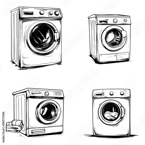 Washing Machine Illustrations Sketch Style Appliance Drawings