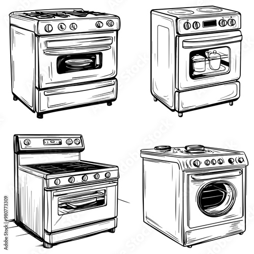Collection of Kitchen and Laundry Appliances Sketches of Stoves, Ovens, and Washers