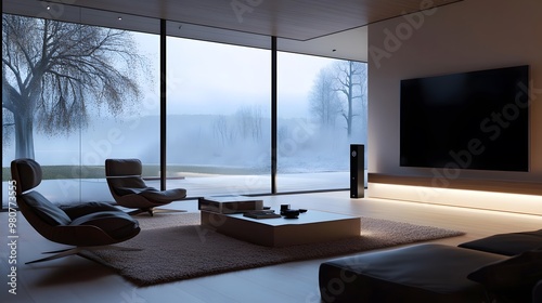 A minimalist living room with a smart home automation system and voice-controlled devices