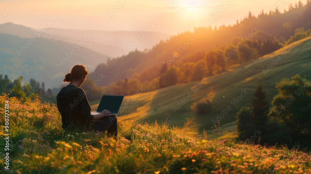 A person is sitting outdoors on grassy hillside, working on laptop while enjoying serene sunset view over mountains. A person is sitting outdoors on grassy hillside, working on laptop while enjoying serene sunset view over mountains.