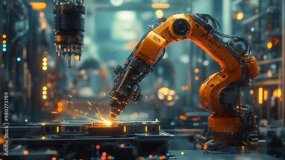Robotic Arm Assembling Components on Production Line Illustrating Automation in Manufacturing Robotic Arm Assembling Components on Production Line Illustrating Automation in Manufacturing