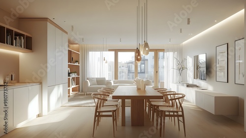 A Scandinavian-inspired dining area with voice-activated smart lighting and simple design