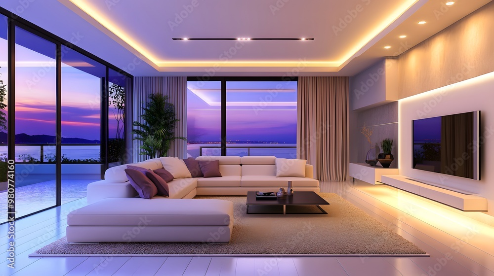 A modern living room featuring smart-controlled lights and a clean design A modern living room featuring smart-controlled lights and a clean design