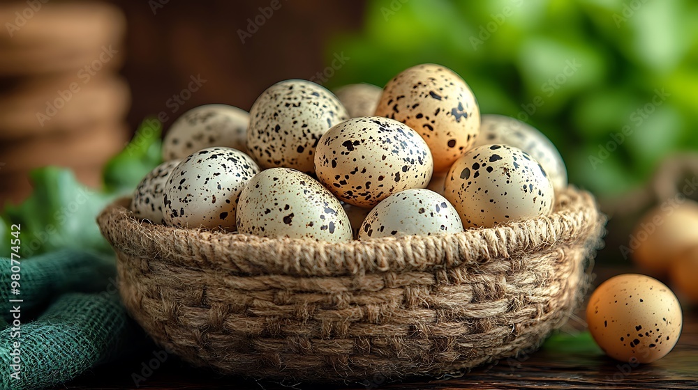A woven basket filled with speckled brown and white quail eggs sits on a wooden table with green leafy vegetables in the background. A woven basket filled with speckled brown and white quail eggs sits on a wooden table with green leafy vegetables in the background.