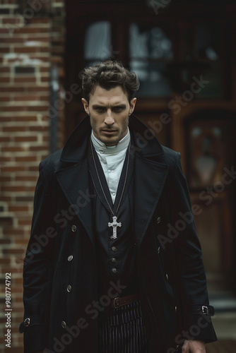 a white man in a long 1970's black trench coat, he is wearing a white priest shirt with a standing collar, he has a silver cross necklace, he has a pinstripe vest and pinstripe trousers