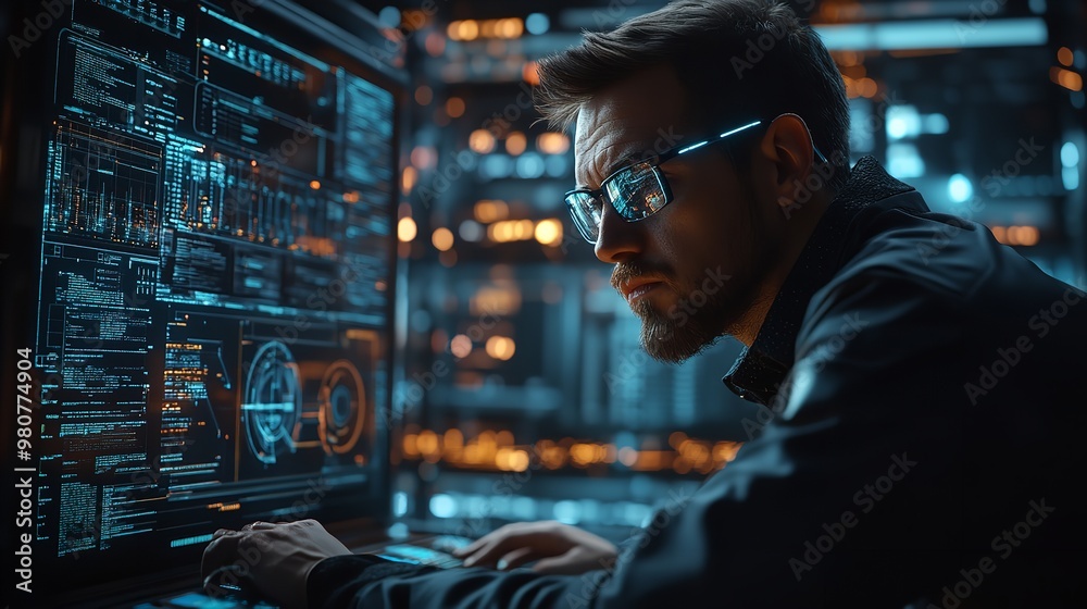 A scientist works in a lab, examining a sample under a microscope, surrounded by glowing particles. A scientist works in a lab, examining a sample under a microscope, surrounded by glowing particles.