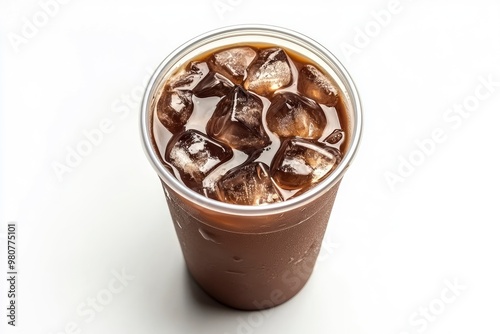 Takeaway plastic cup with iced cold coffee drink isolated on white background, Top view , ai