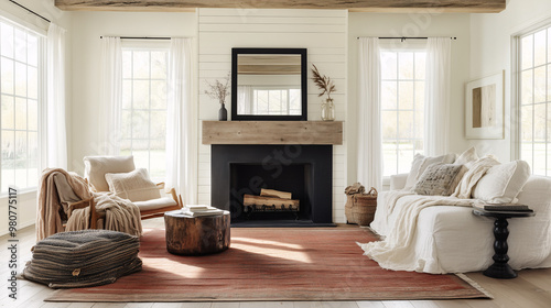 A modern farmhouse-style living room with distressed wood floors, white walls, and a mix of cozy textiles like throw blankets and pillows. 