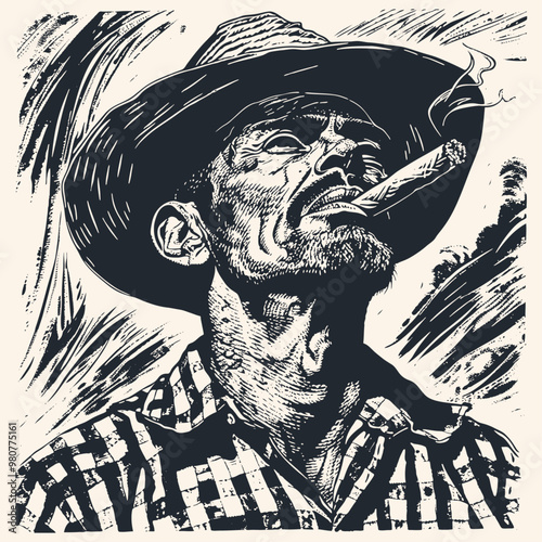A detailed portrait of a man smoking a cigar, wearing a hat, depicted in an engraving style, vector illustration.