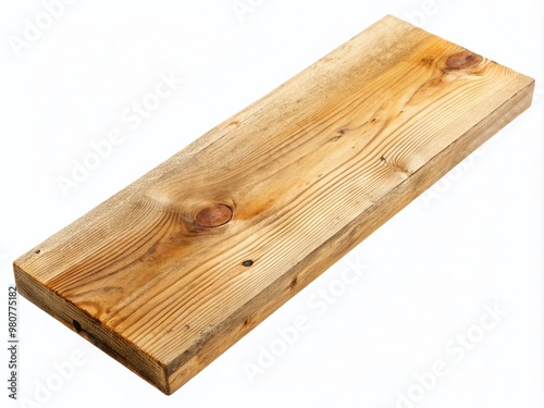 A horizontal wooden 2x4 plank isolated on a white background, showcasing its natural texture and rustic imperfections, photo