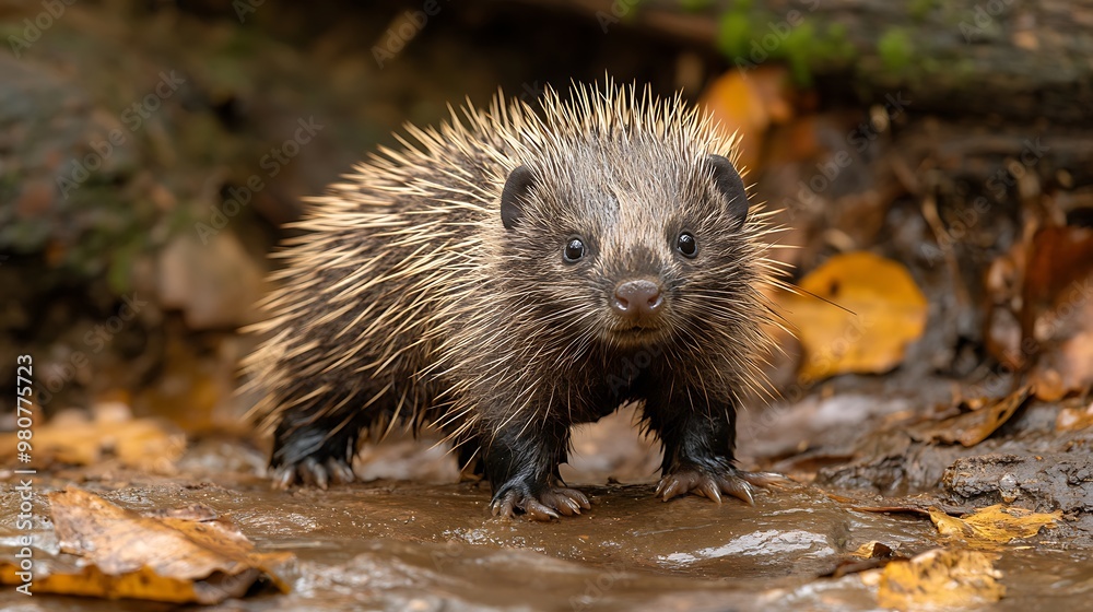 A cute hedgehog with brown and white spines stands on a forest floor covered in fallen leaves. A cute hedgehog with brown and white spines stands on a forest floor covered in fallen leaves.