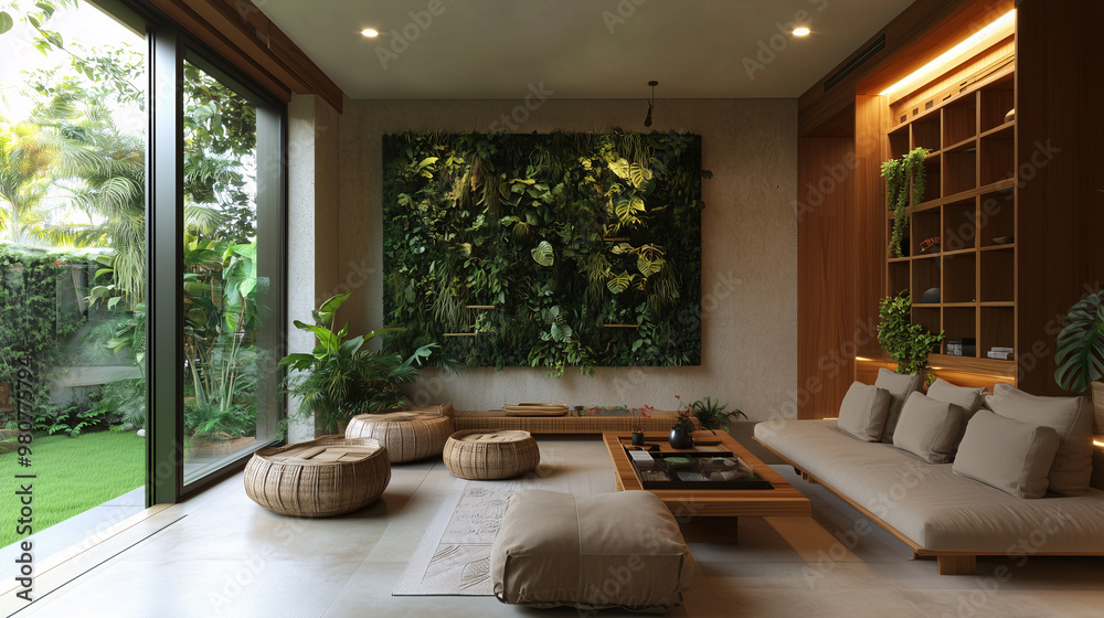 A modern living room designed with biophilic principles, featuring a green wall filled with plants, bamboo furniture, and natural textures like stone and wood. A modern living room designed with biophilic principles, featuring a green wall filled with plants, bamboo furniture, and natural textures like stone and wood.