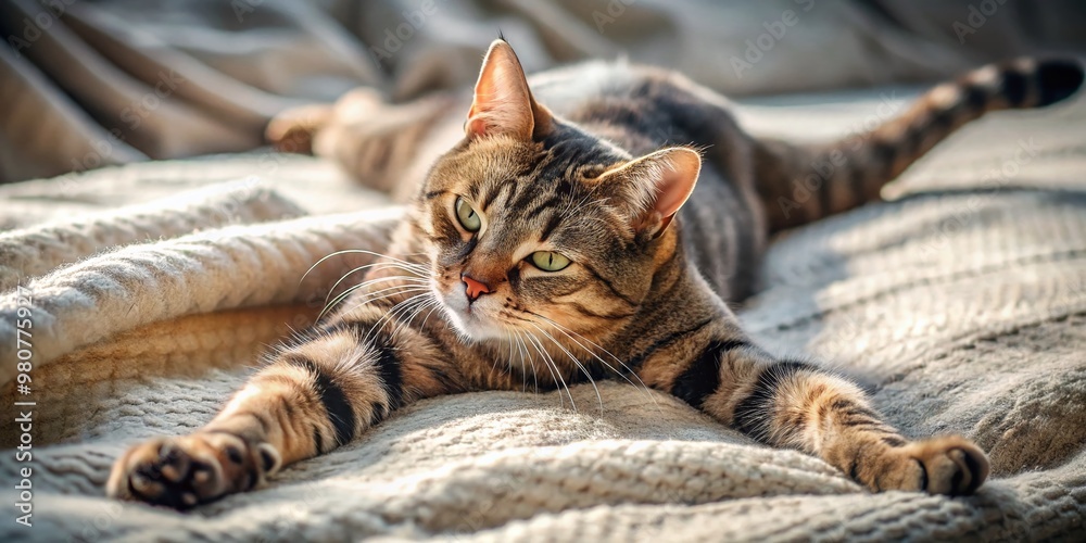 Obraz premium A languid feline arches its sleek body, extending claws and flexing muscles, as it indulges in a languorous