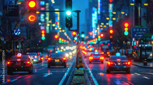 Vibrant night scene in a city with blurred traffic lights, cars, and a prominent red traffic signal in the foreground