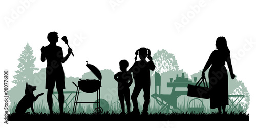 Family silhouettes. Father, mother and children had a picnic in nature. Vector illustration	
