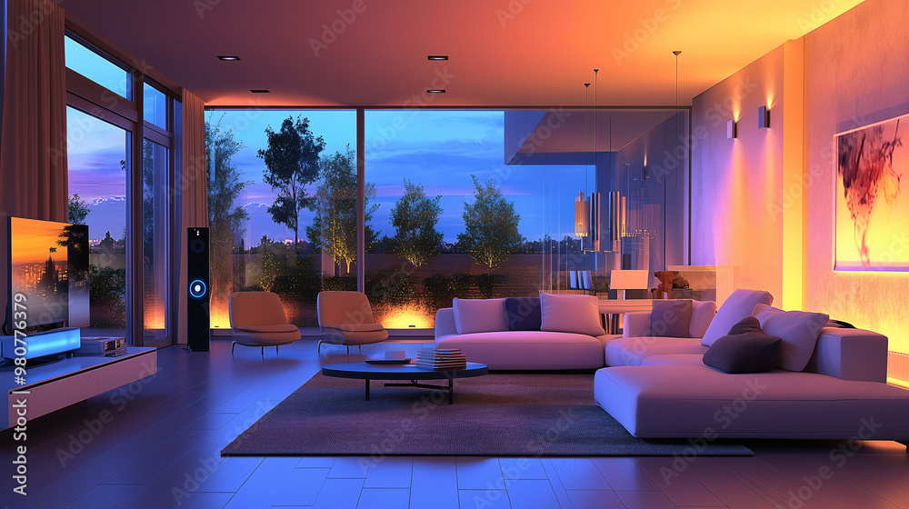A modern living room with sleek furniture and smart home technology, featuring a voice-controlled lighting system and integrated smart speakers A modern living room with sleek furniture and smart home technology, featuring a voice-controlled lighting system and integrated smart speakers