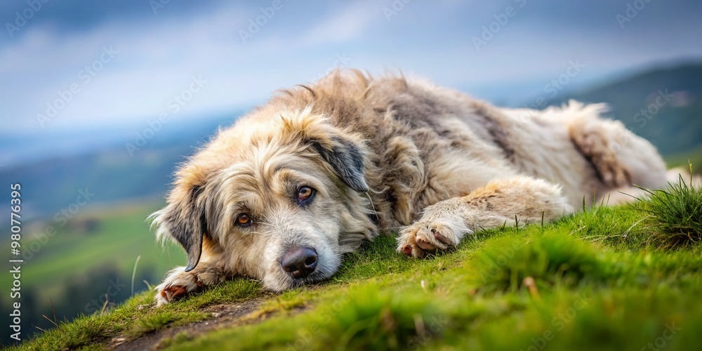 A lifeless canine lies on a grassy hill, its fur matted and still, with a faded collar and A lifeless canine lies on a grassy hill, its fur matted and still, with a faded collar and