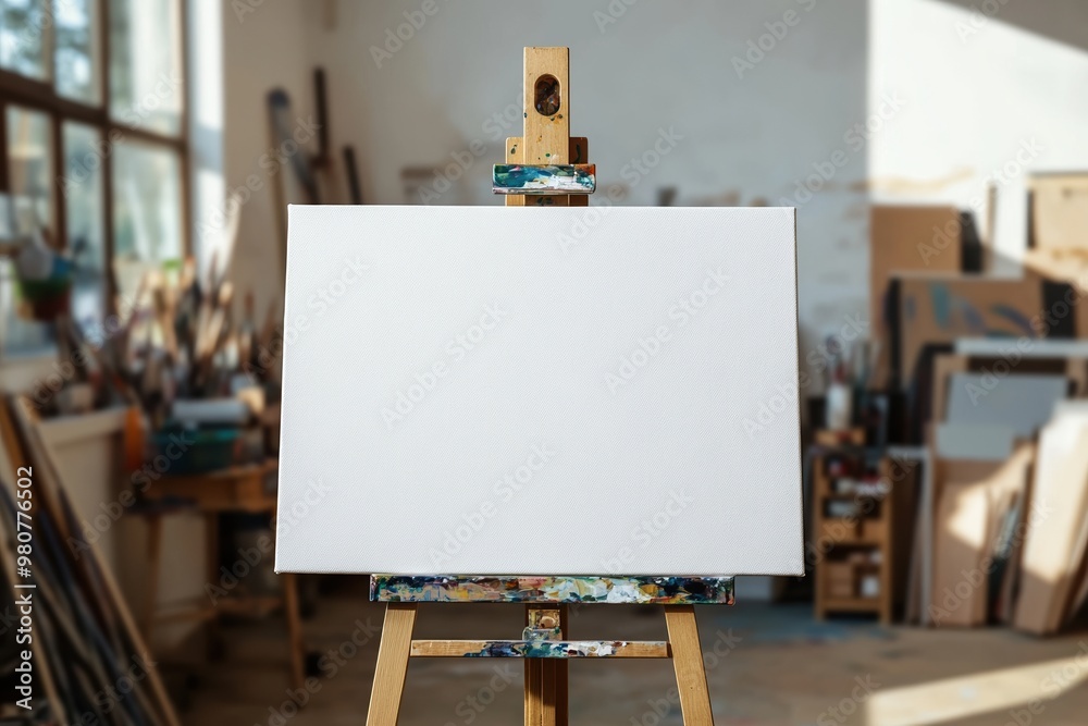 A blank canvas on an easel in an artist's studio, with sunlight streaming through the windows, illuminating the workspace and creating an inviting atmosphere for creativity A blank canvas on an easel in an artist's studio, with sunlight streaming through the windows, illuminating the workspace and creating an inviting atmosphere for creativity