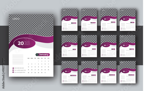 2025 wall calendar template, week starts Monday, set of 12 months, 12 pages