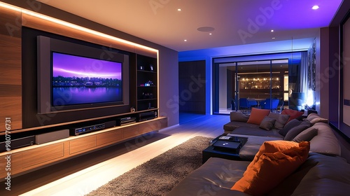 A modern living room with smart home automation and a sleek entertainment center